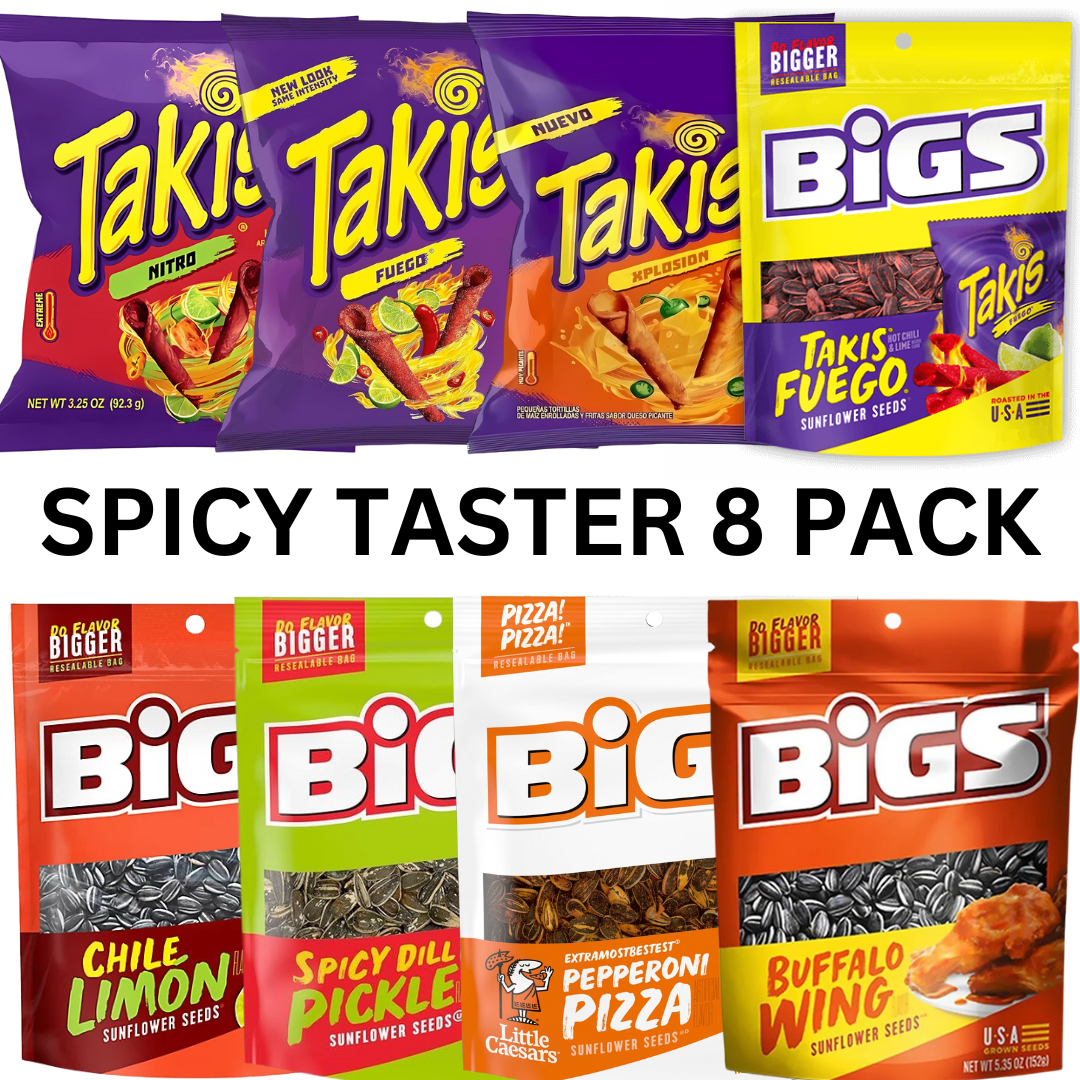 BIGS Sunflower Seeds + TAKIS Chips SPICY Taster 8 Pack