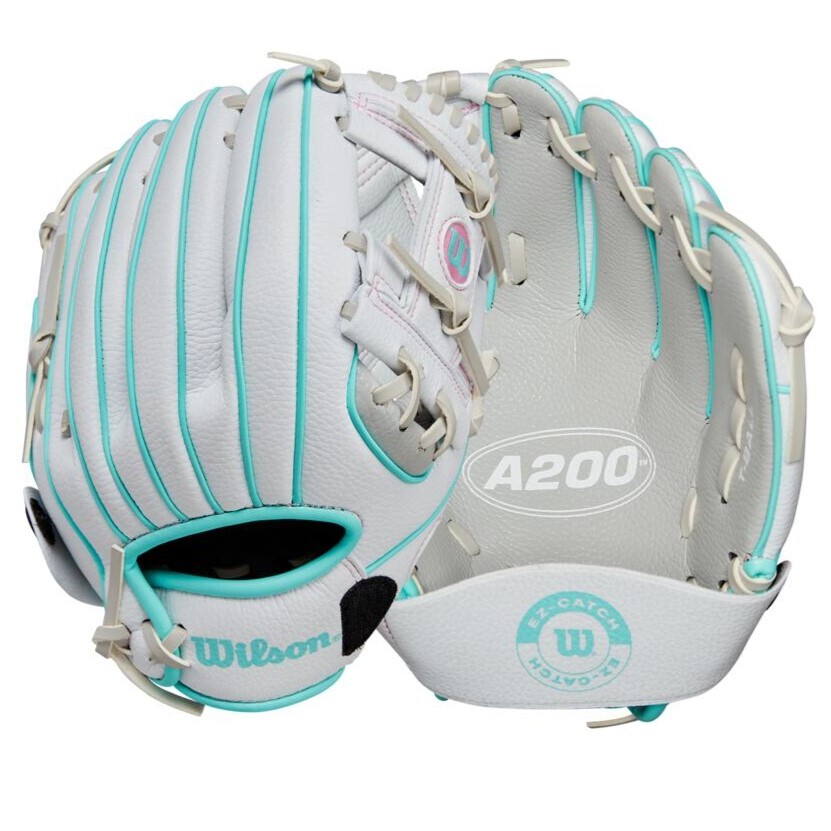 Wilson A200 EZ CATCH T Ball Glove 10 inch Silver White Teal